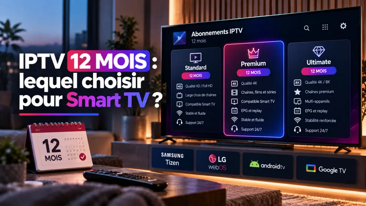 Smart TV affichant des formules d’abonnement IPTV 12 mois, compatibles Samsung, LG, Android TV et Google TV