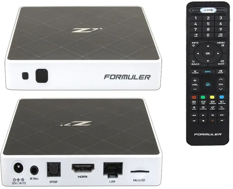 Boîtier IPTV Formuler Z7+ vu de face et de dos avec sa télécommande