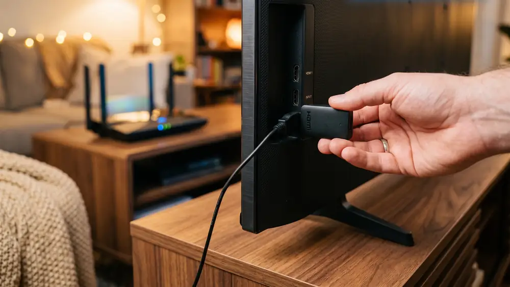 Clé HDMI branchée à l'arrière d'un téléviseur pour installer un boîtier IPTV