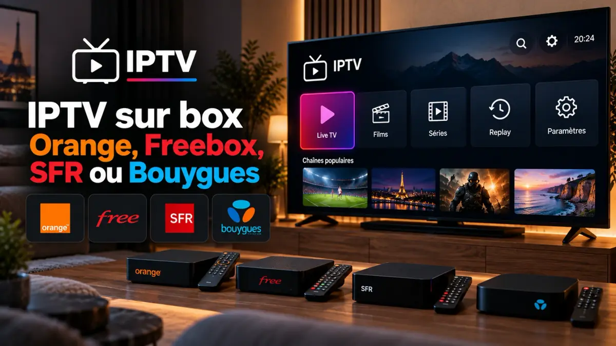 Application IPTV sur un téléviseur devant les box Orange, Freebox, SFR et Bouygues Telecom