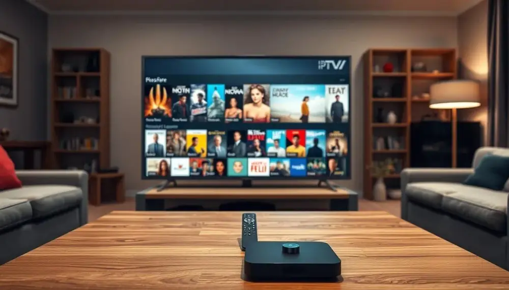 Box IPTV et télécommande devant une télé : IPTV c'est quoi