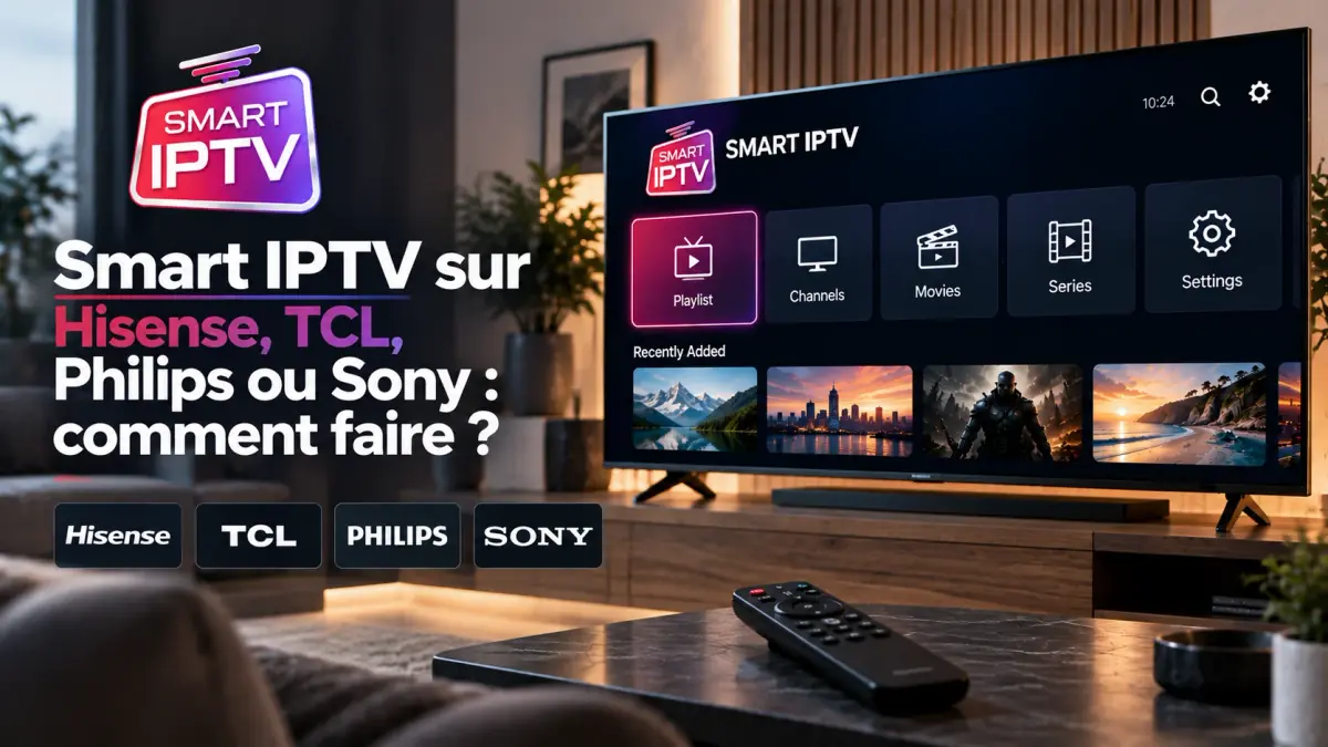 Application IPTV ouverte sur une Smart TV, avec les logos Hisense, TCL, Philips et Sony