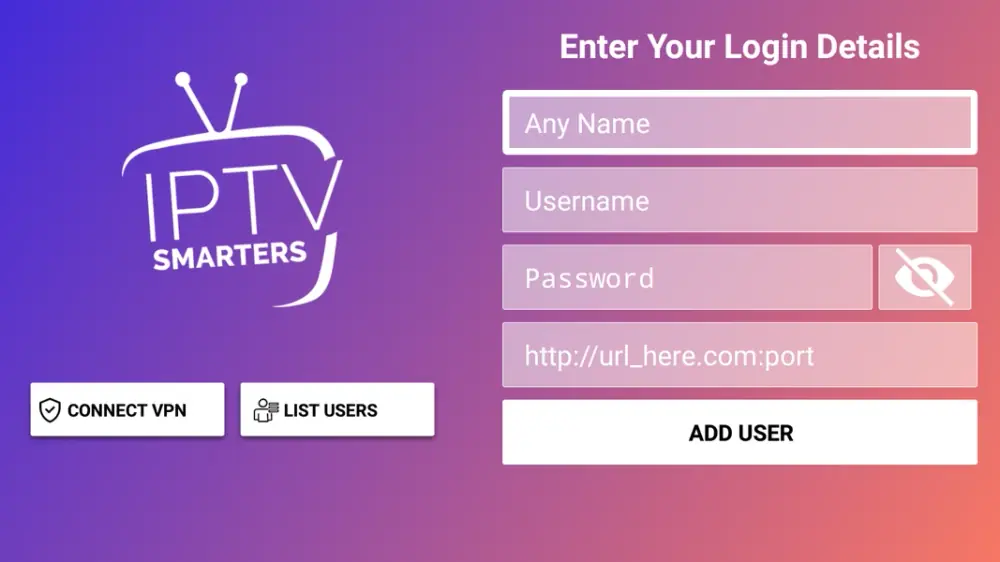 Champs identifiant, mot de passe et URL du serveur dans IPTV Smarters Pro