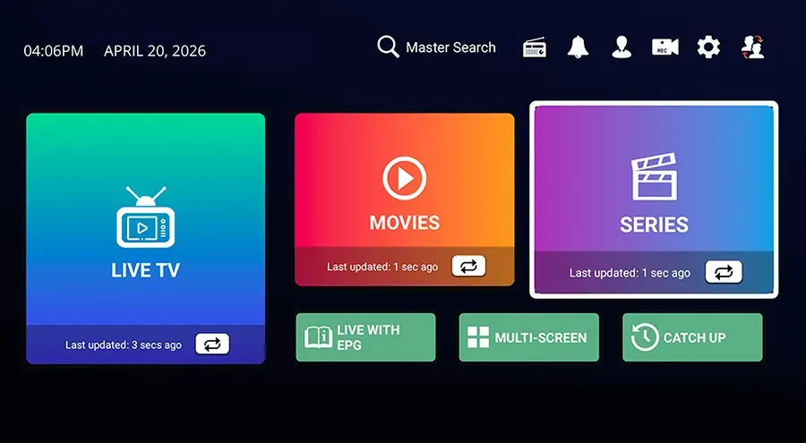 Menu IPTV Smarters Pro avec Live TV, films et séries de l'abonnement