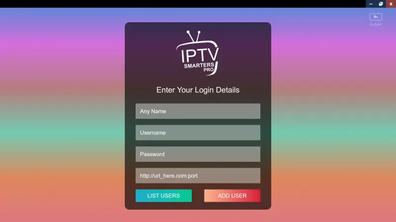 Écran de connexion IPTV Smarters Pro Windows avec les champs du code Xtream