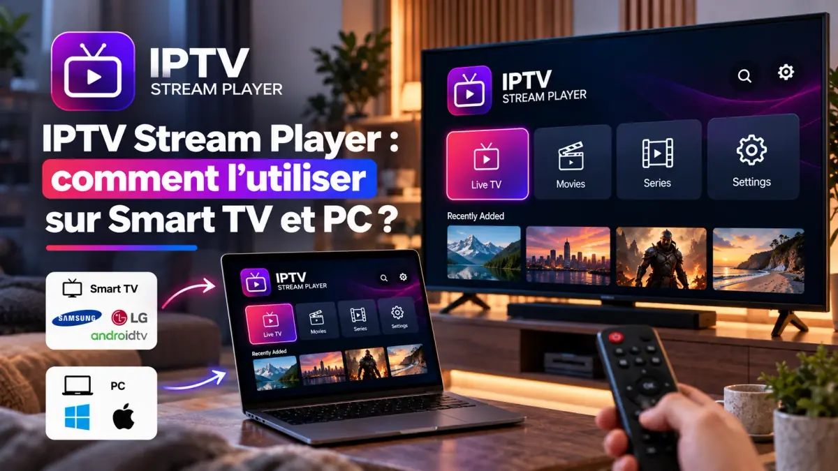 IPTV Stream Player ouvert sur une Smart TV et sur un ordinateur portable, menu Live TV, films et séries
