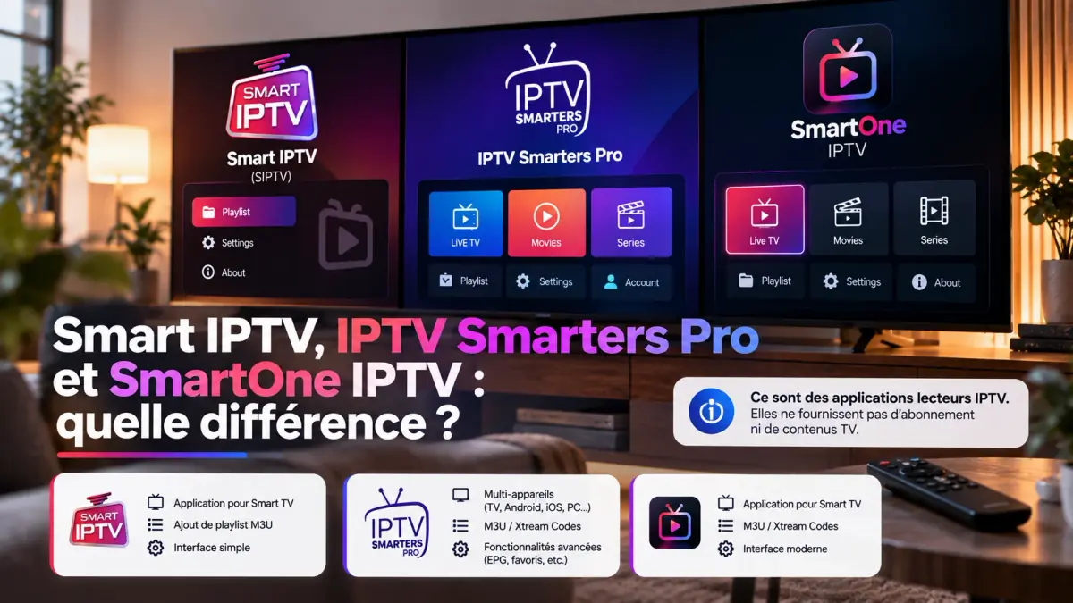 Écrans des applications Smart IPTV, IPTV Smarters Pro et SmartOne IPTV côte à côte pour comparer leurs différences