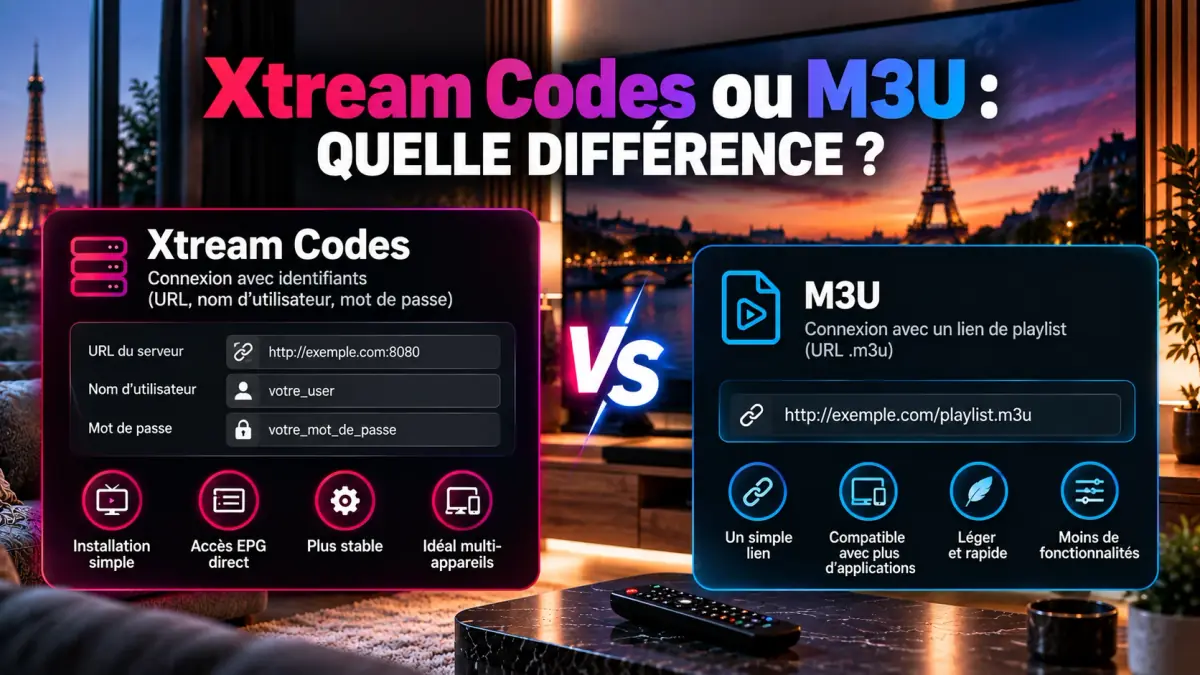 Xtream Codes ou M3U : identifiants (URL du serveur, utilisateur, mot de passe) face à un lien de playlist M3U